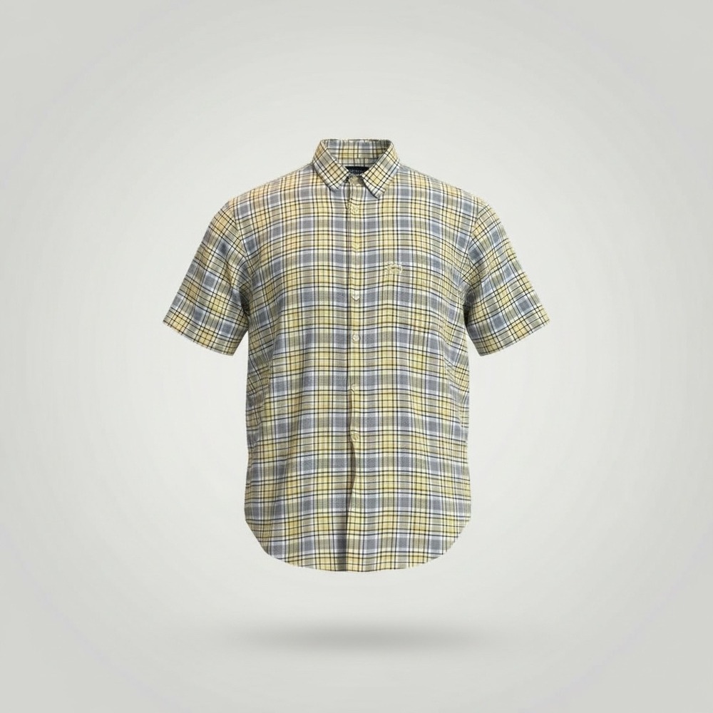 Guess Men Plaid Short‎ Sleeve Button Up Shirt Large Yellow Grey Y2K Retro Grunge